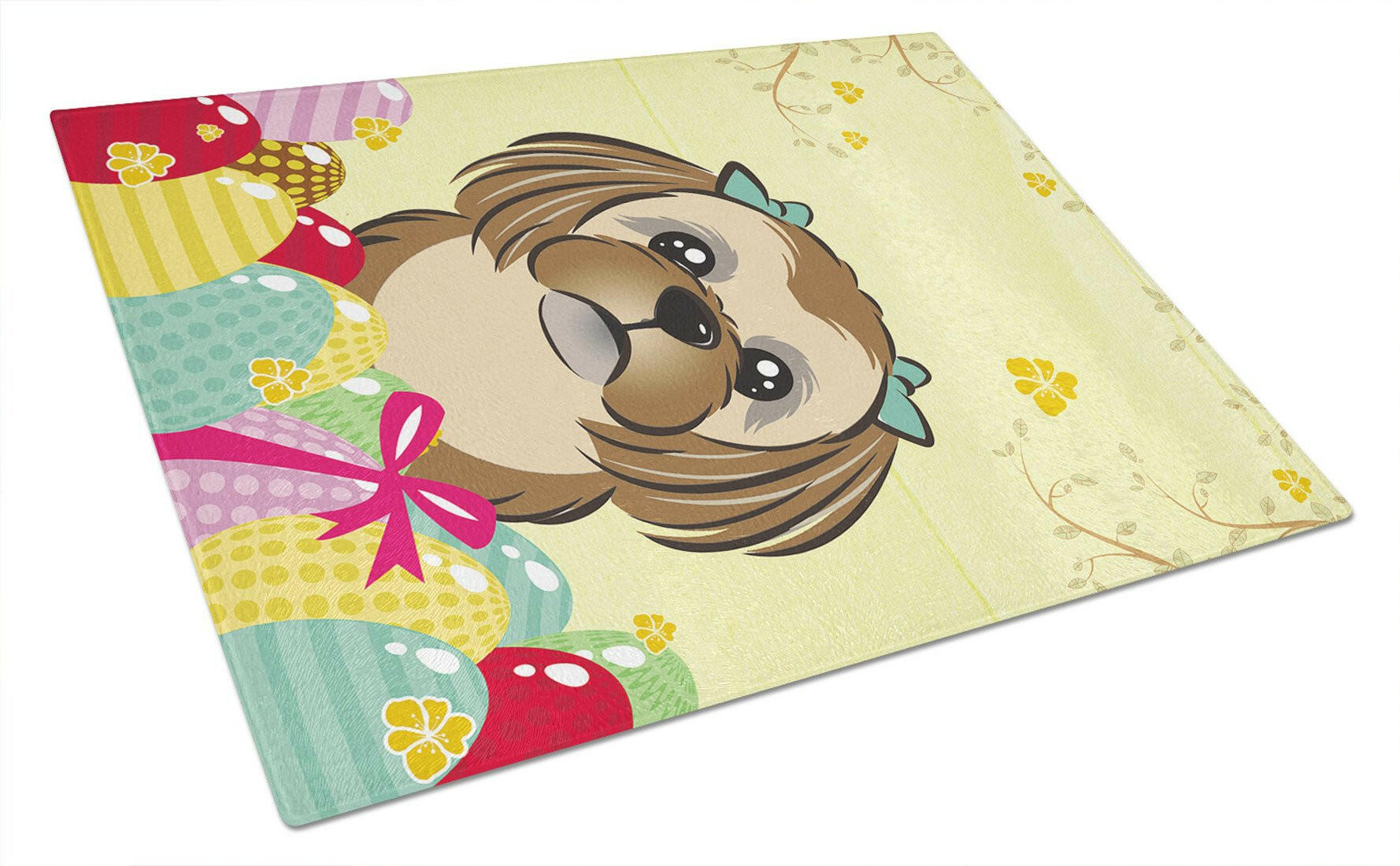 Chocolate Brown Shih Tzu Easter Egg Hunt Cutting Board Tempered Glass Kitchen Cutting Surface, Heat Resistant Chopping, Non-Slip Feet, Food Prep & Serving