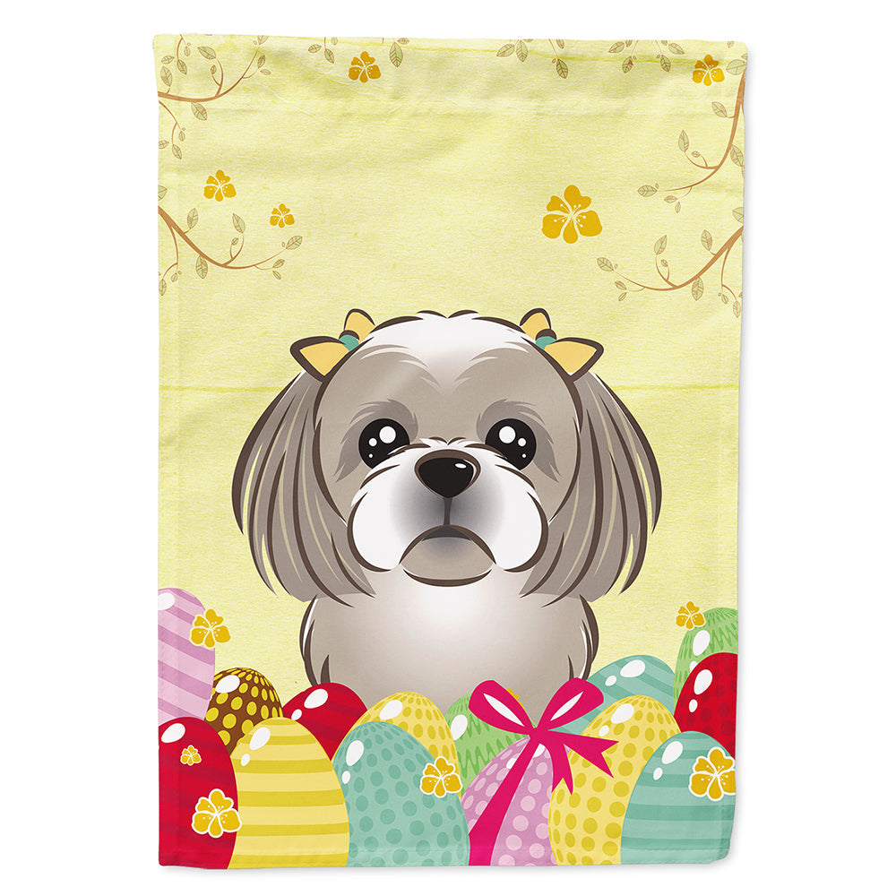 Gray Silver Shih Tzu Easter Egg Hunt House Flag 28x40 Porch Sleeve Pole Decorative Outside Yard Banner Artwork Wall Hanging, Polyester