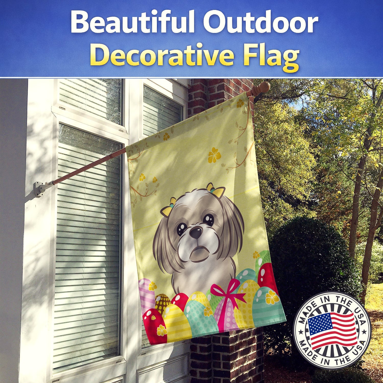 Gray Silver Shih Tzu Easter Egg Hunt House Flag 28x40 Porch Sleeve Pole Decorative Outside Yard Banner Artwork Wall Hanging, Polyester