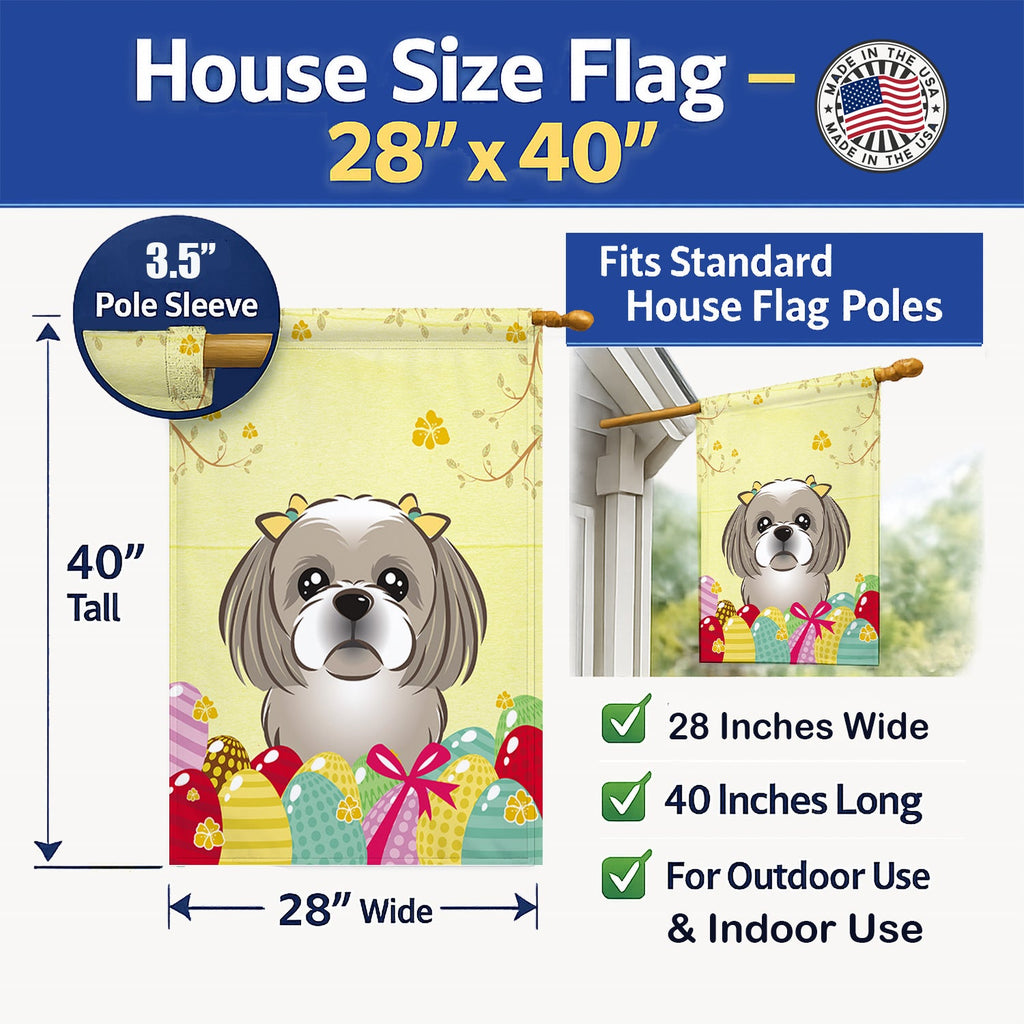 Gray Silver Shih Tzu Easter Egg Hunt House Flag 28x40 Porch Sleeve Pole Decorative Outside Yard Banner Artwork Wall Hanging, Polyester