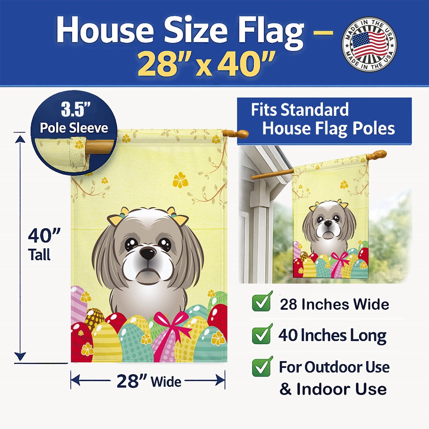 Gray Silver Shih Tzu Easter Egg Hunt House Flag 28x40 Porch Sleeve Pole Decorative Outside Yard Banner Artwork Wall Hanging, Polyester