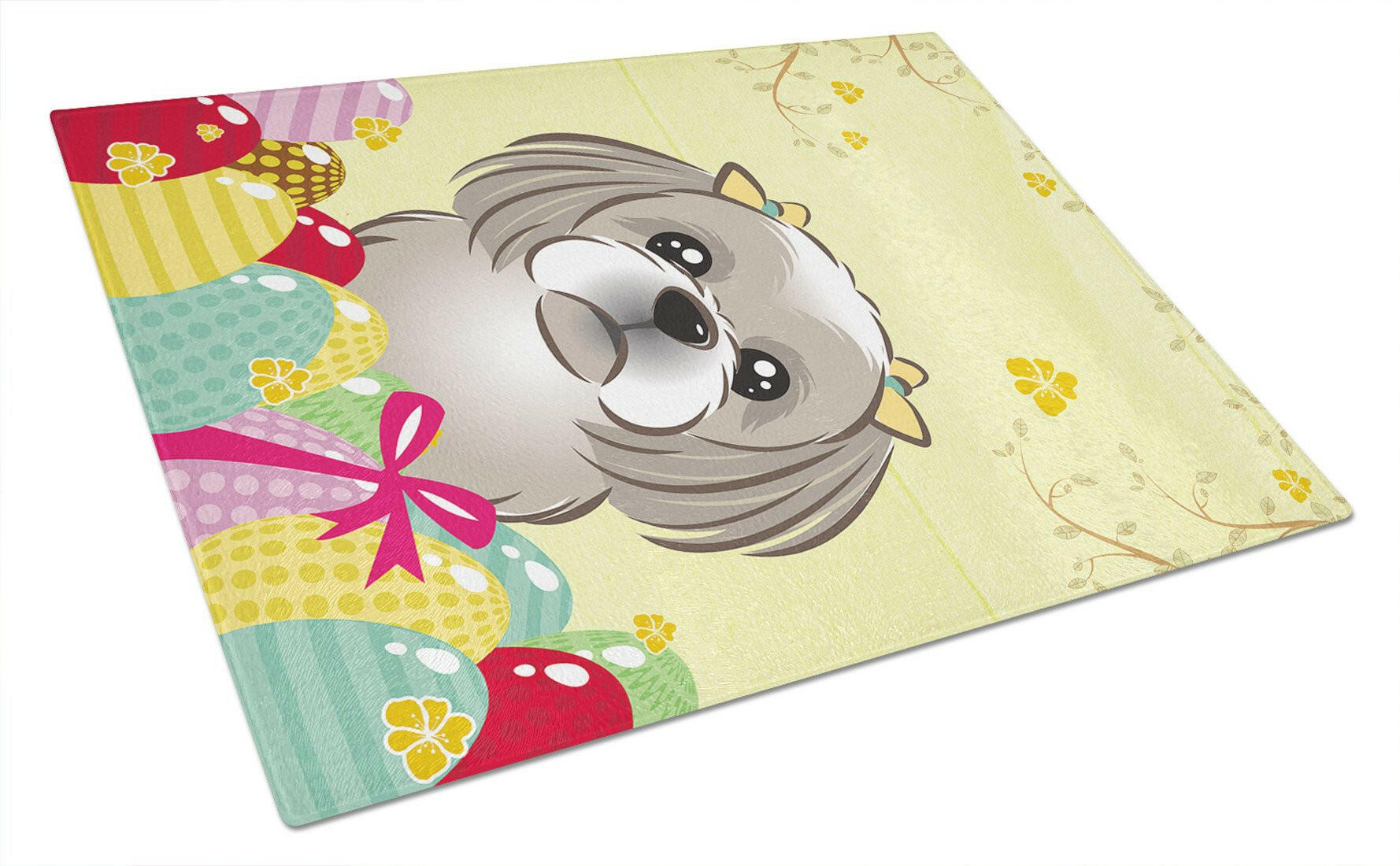 Gray Silver Shih Tzu Easter Egg Hunt Cutting Board Tempered Glass Kitchen Cutting Surface, Heat Resistant Chopping, Non-Slip Feet, Food Prep & Serving
