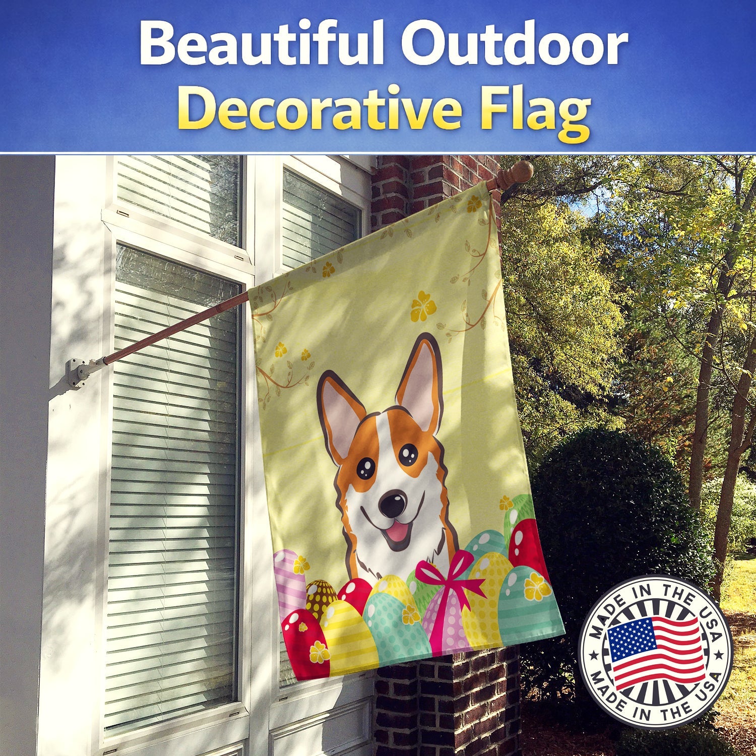 Red Corgi Easter Egg Hunt House Flag 28x40 Porch Sleeve Pole Decorative Outside Yard Banner Artwork Wall Hanging, Polyester