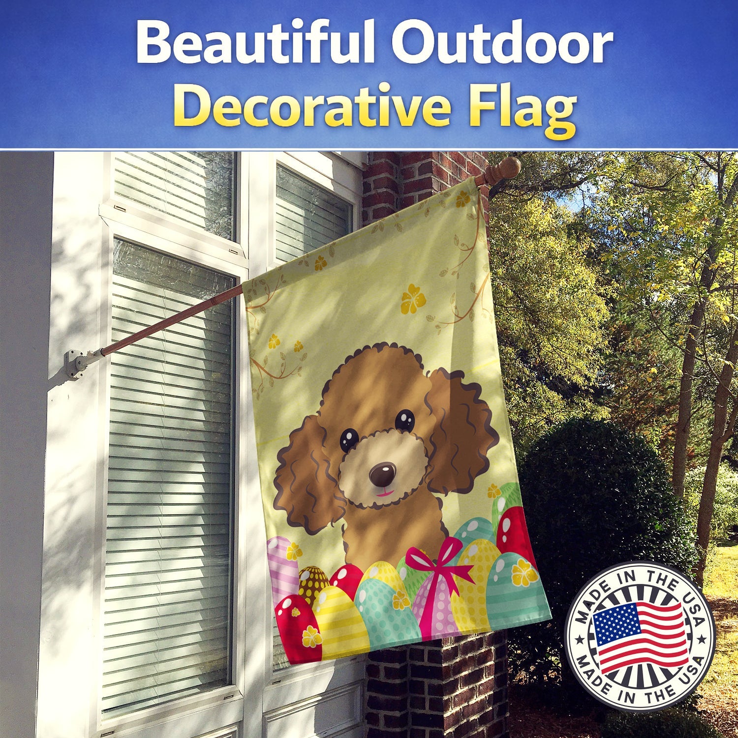 Chocolate Brown Poodle Easter Egg Hunt House Flag 28x40 Porch Sleeve Pole Decorative Outside Yard Banner Artwork Wall Hanging, Polyester
