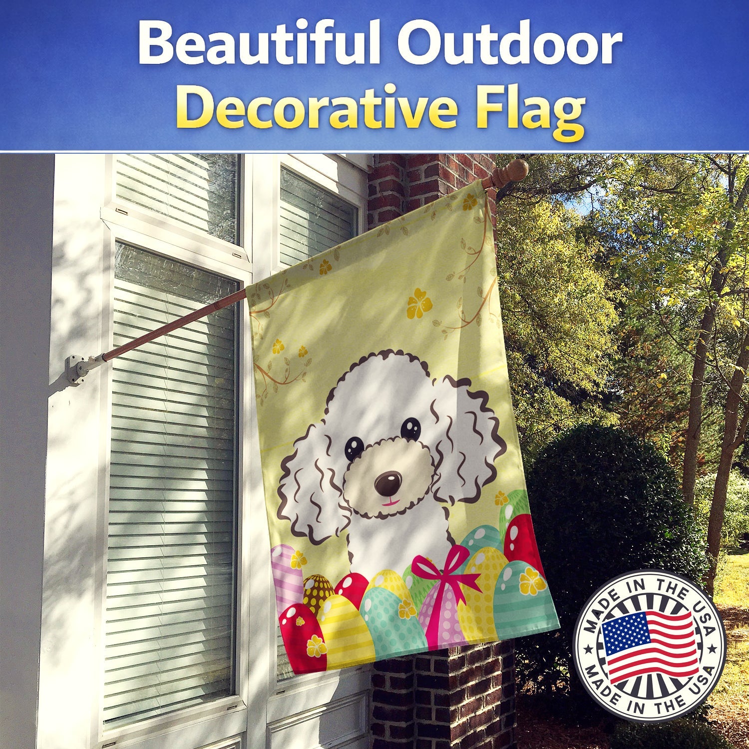 White Poodle Easter Egg Hunt House Flag 28x40 Porch Sleeve Pole Decorative Outside Yard Banner Artwork Wall Hanging, Polyester