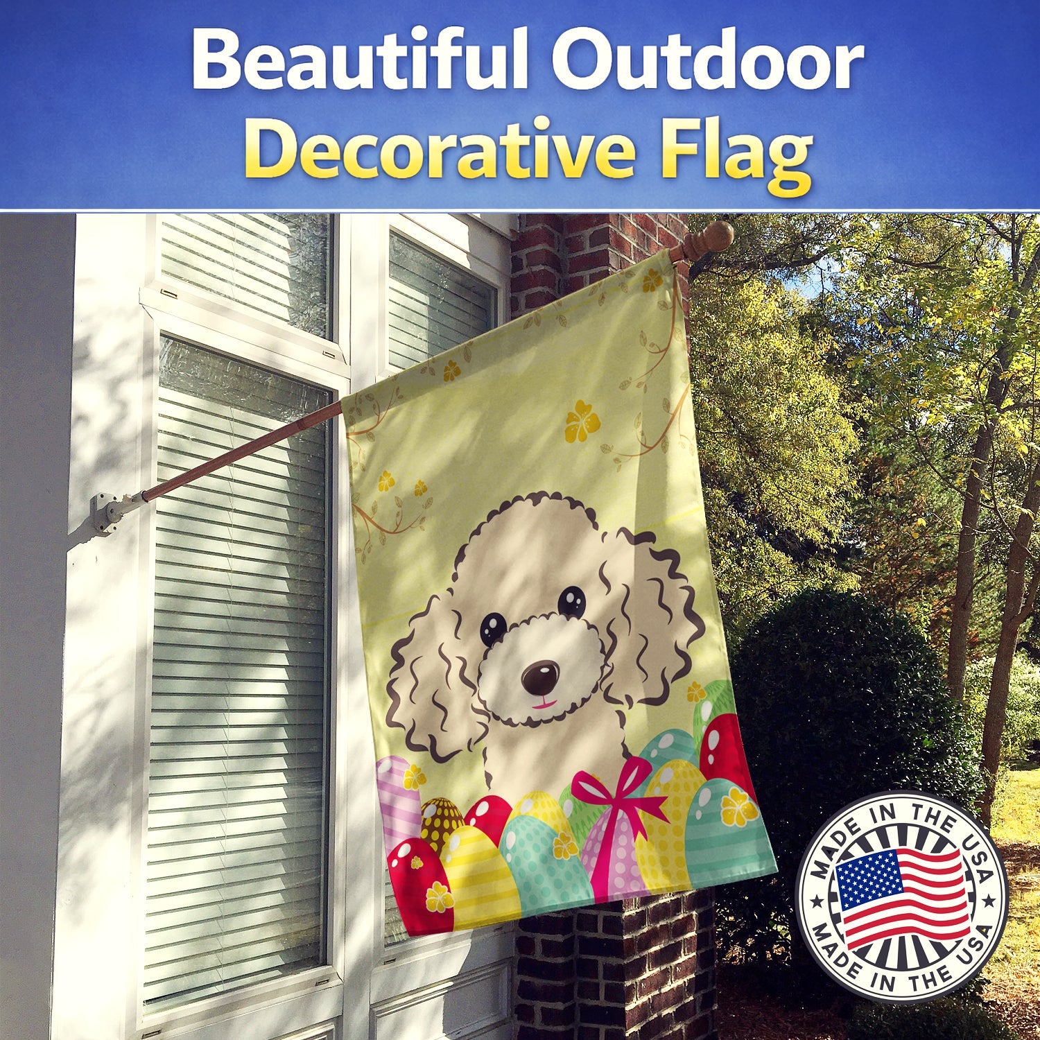Buff Poodle Easter Egg Hunt House Flag 28x40 Porch Sleeve Pole Decorative Outside Yard Banner Artwork Wall Hanging, Polyester