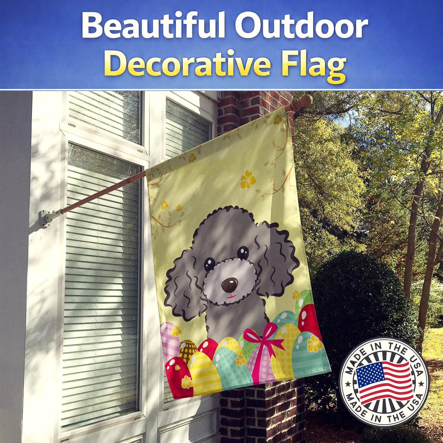 Silver Gray Poodle Easter Egg Hunt House Flag 28x40 Porch Sleeve Pole Decorative Outside Yard Banner Artwork Wall Hanging, Polyester