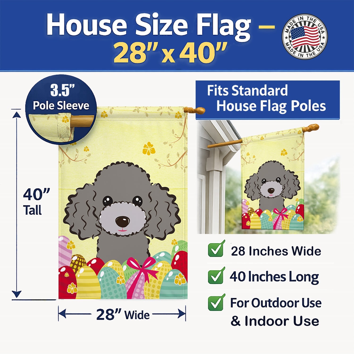 Silver Gray Poodle Easter Egg Hunt House Flag 28x40 Porch Sleeve Pole Decorative Outside Yard Banner Artwork Wall Hanging, Polyester