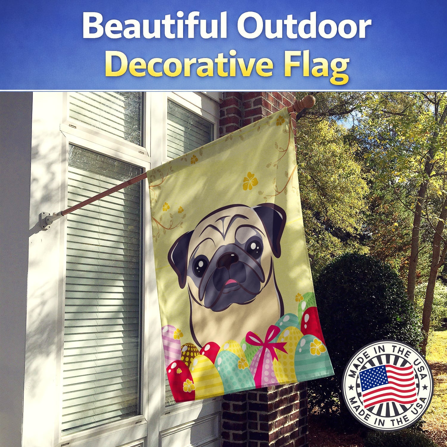 Fawn Pug Easter Egg Hunt House Flag 28x40 Porch Sleeve Pole Decorative Outside Yard Banner Artwork Wall Hanging, Polyester
