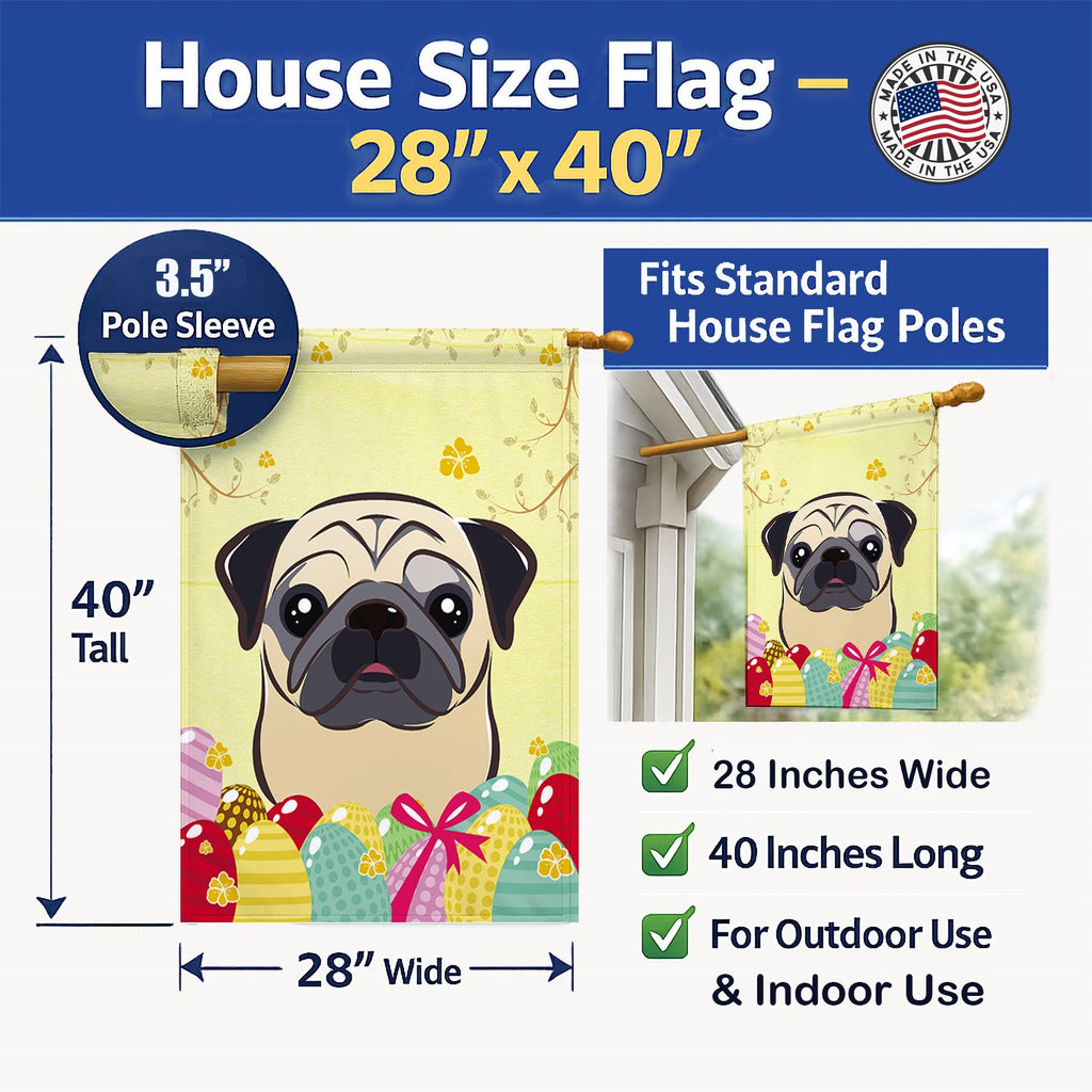 Fawn Pug Easter Egg Hunt House Flag 28x40 Porch Sleeve Pole Decorative Outside Yard Banner Artwork Wall Hanging, Polyester