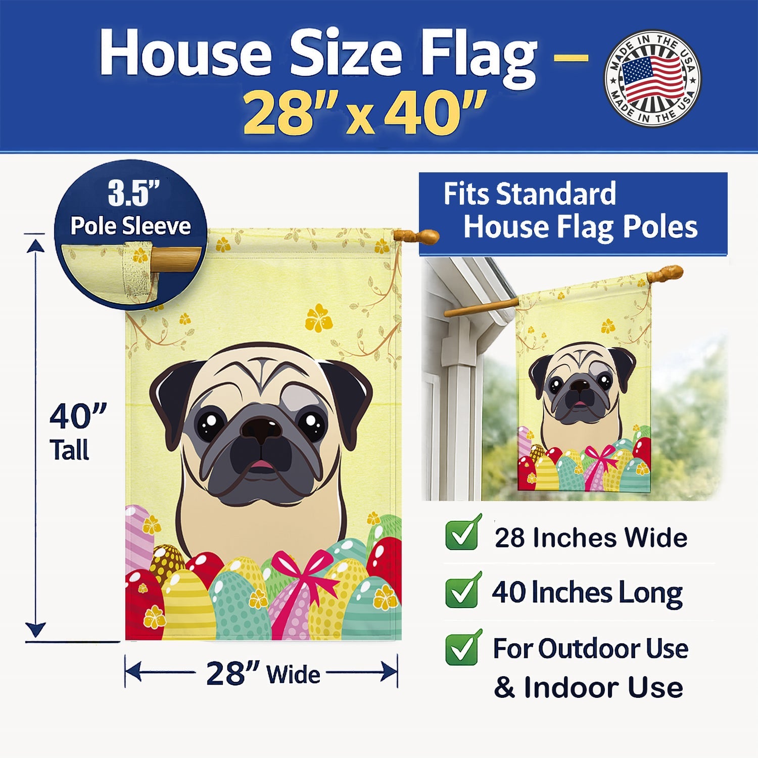 Fawn Pug Easter Egg Hunt House Flag 28x40 Porch Sleeve Pole Decorative Outside Yard Banner Artwork Wall Hanging, Polyester
