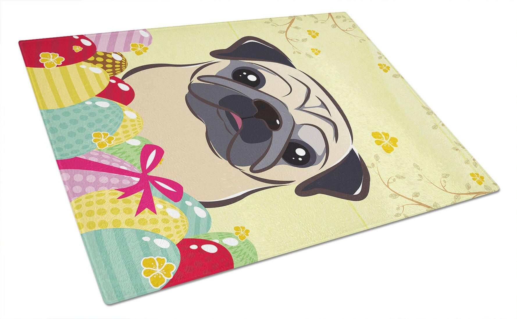 Fawn Pug Easter Egg Hunt Cutting Board Tempered Glass Kitchen Cutting Surface, Heat Resistant Chopping, Non-Slip Feet, Food Prep & Serving