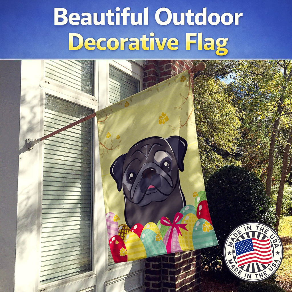 Black Pug Easter Egg Hunt House Flag 28x40 Porch Sleeve Pole Decorative Outside Yard Banner Artwork Wall Hanging, Polyester