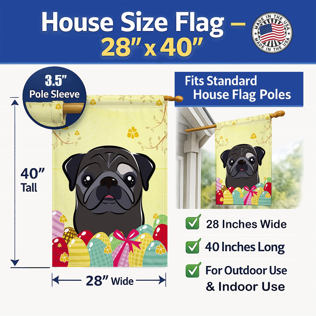 Black Pug Easter Egg Hunt House Flag 28x40 Porch Sleeve Pole Decorative Outside Yard Banner Artwork Wall Hanging, Polyester