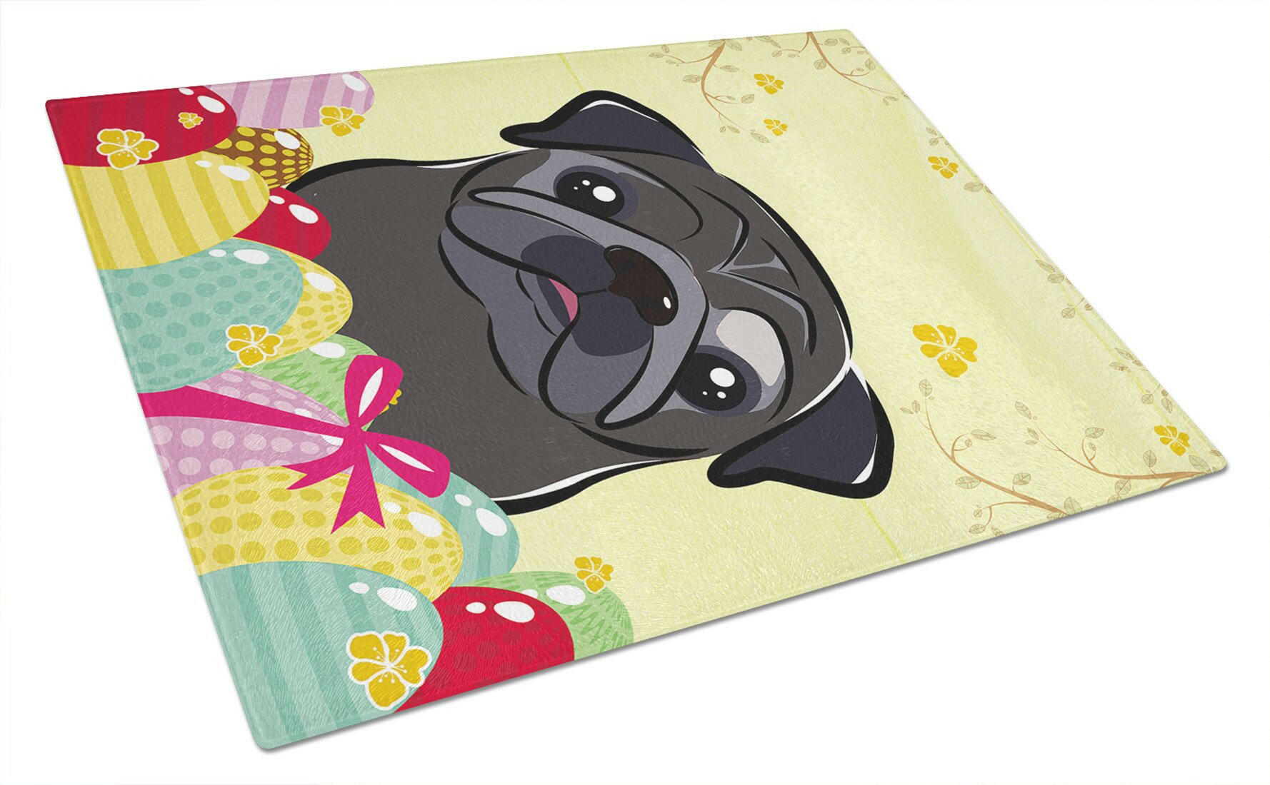 Black Pug Easter Egg Hunt Cutting Board Tempered Glass Kitchen Cutting Surface, Heat Resistant Chopping, Non-Slip Feet, Food Prep & Serving