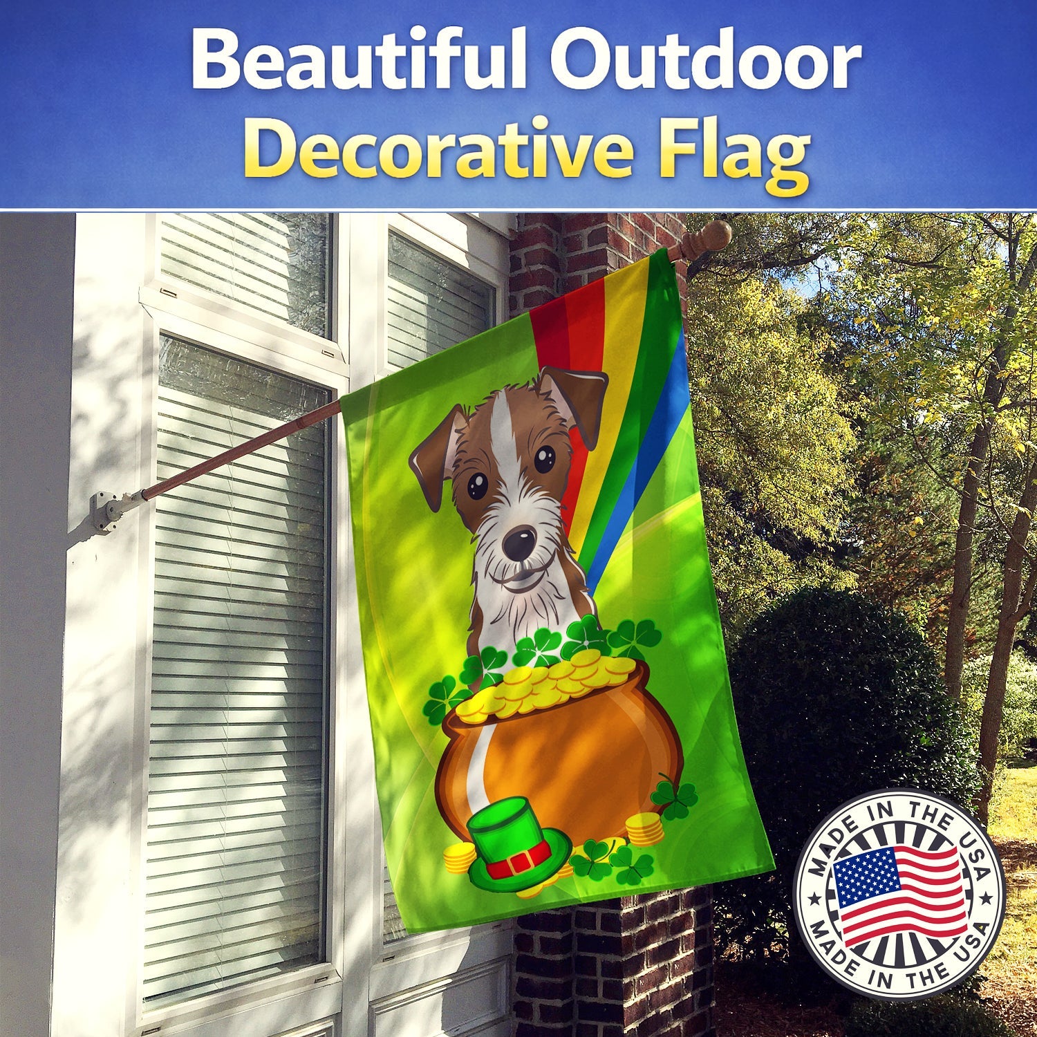 Jack Russell Terrier St. Patrick's Day House Flag 28x40 Porch Sleeve Pole Decorative Outside Yard Banner Artwork Wall Hanging, Polyester