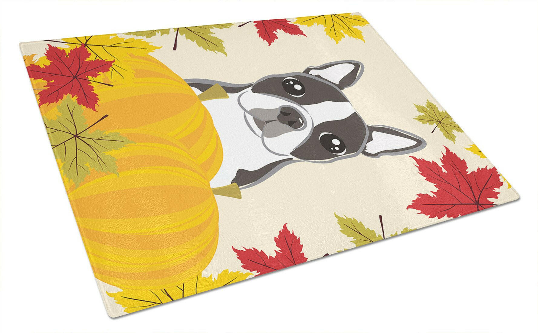 Boston Terrier Thanksgiving Cutting Board Tempered Glass Kitchen Cutting Surface, Heat Resistant Chopping, Non-Slip Feet, Food Prep & Serving