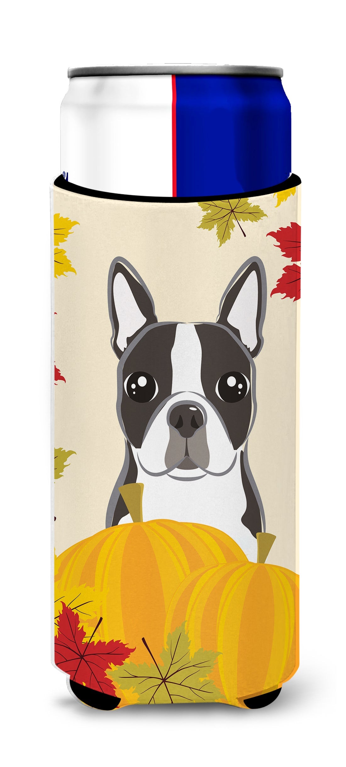 Boston Terrier Thanksgiving Slim Can Hugger , Insulated Foam Hugger for 12 oz Slim Cans, Beer Bottles & Water Bottles, Printed in USA