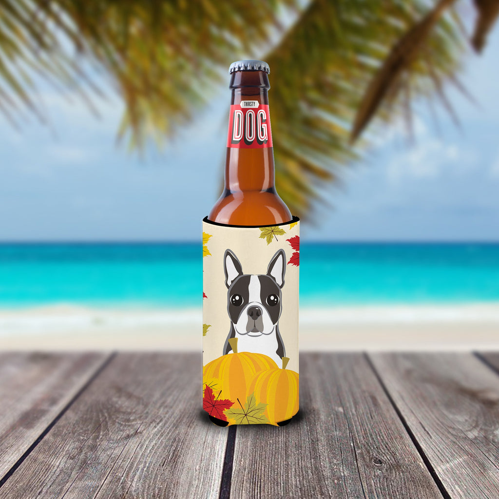 Boston Terrier Thanksgiving Slim Can Hugger , Insulated Foam Hugger for 12 oz Slim Cans, Beer Bottles & Water Bottles, Printed in USA