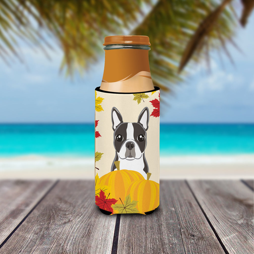 Boston Terrier Thanksgiving Slim Can Hugger , Insulated Foam Hugger for 12 oz Slim Cans, Beer Bottles & Water Bottles, Printed in USA