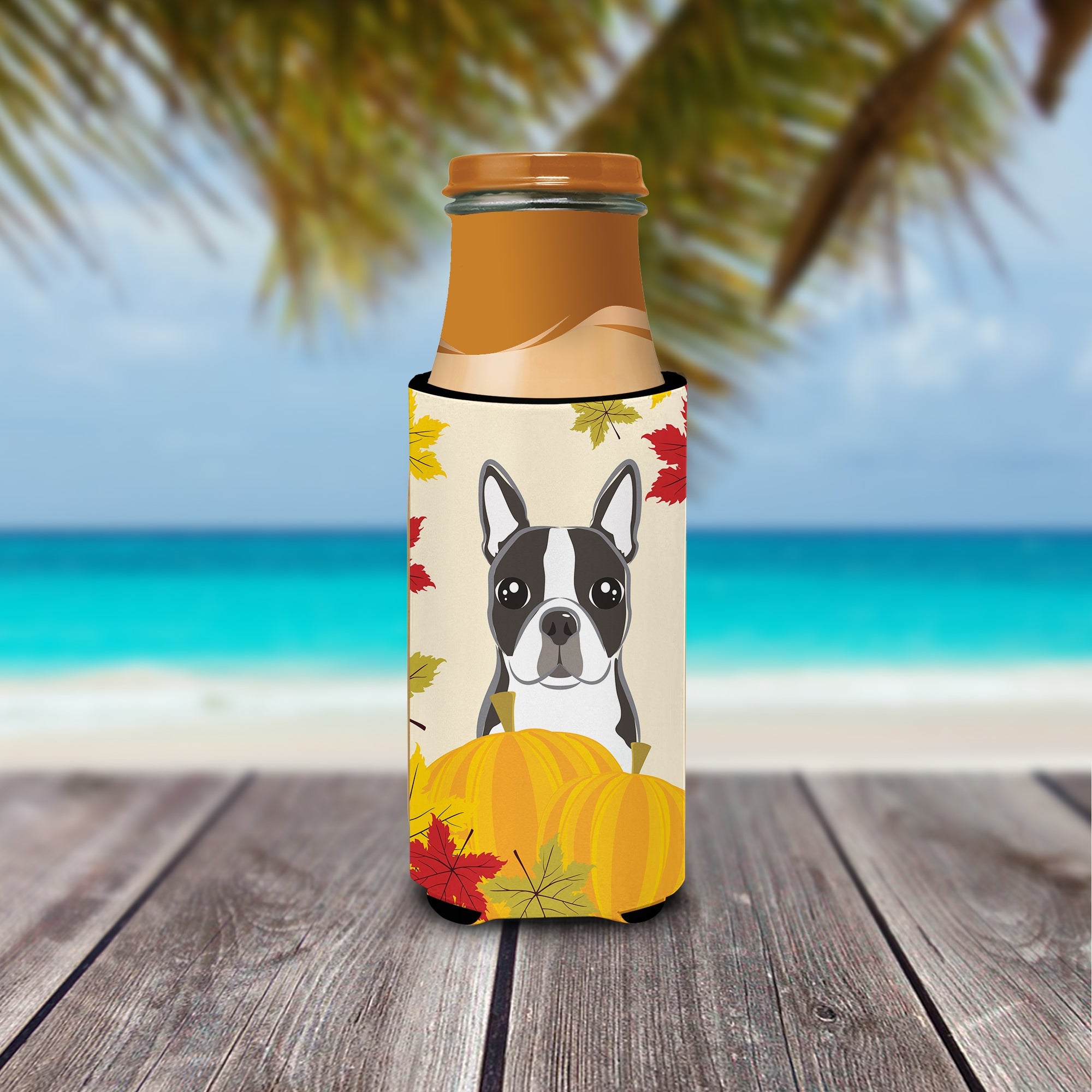 Boston Terrier Thanksgiving Slim Can Hugger , Insulated Foam Hugger for 12 oz Slim Cans, Beer Bottles & Water Bottles, Printed in USA