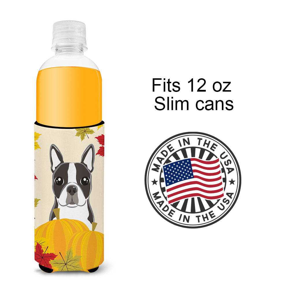 Boston Terrier Thanksgiving Slim Can Hugger , Insulated Foam Hugger for 12 oz Slim Cans, Beer Bottles & Water Bottles, Printed in USA