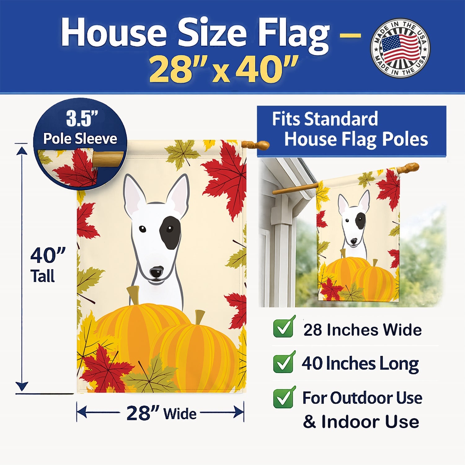 Bull Terrier Thanksgiving House Flag 28x40 Porch Sleeve Pole Decorative Outside Yard Banner Artwork Wall Hanging, Polyester