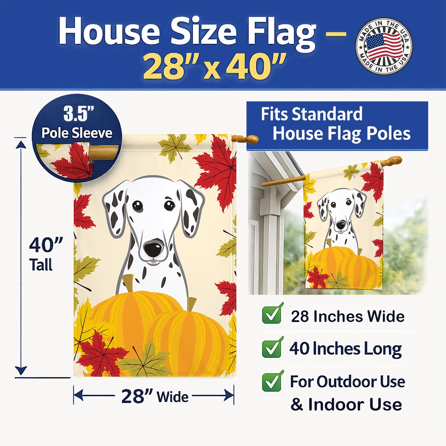 Dalmatian Thanksgiving House Flag 28x40 Porch Sleeve Pole Decorative Outside Yard Banner Artwork Wall Hanging, Polyester