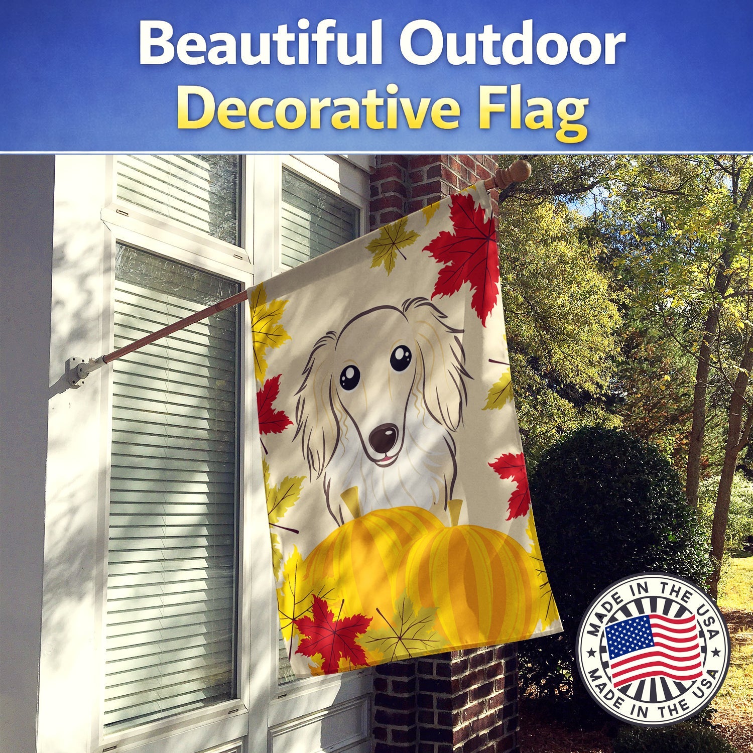 Longhair Creme Dachshund Thanksgiving House Flag 28x40 Porch Sleeve Pole Decorative Outside Yard Banner Artwork Wall Hanging, Polyester