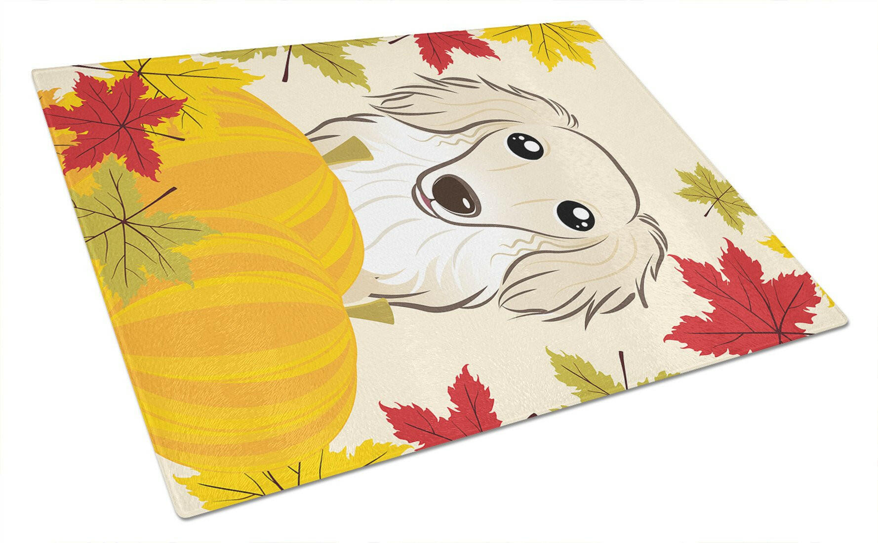 Longhair Creme Dachshund Thanksgiving Cutting Board Tempered Glass Kitchen Cutting Surface, Heat Resistant Chopping, Non-Slip Feet, Food Prep & Serving