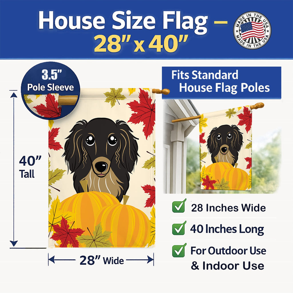 Longhair Black and Tan Dachshund Thanksgiving House Flag 28x40 Porch Sleeve Pole Decorative Outside Yard Banner Artwork Wall Hanging, Polyester