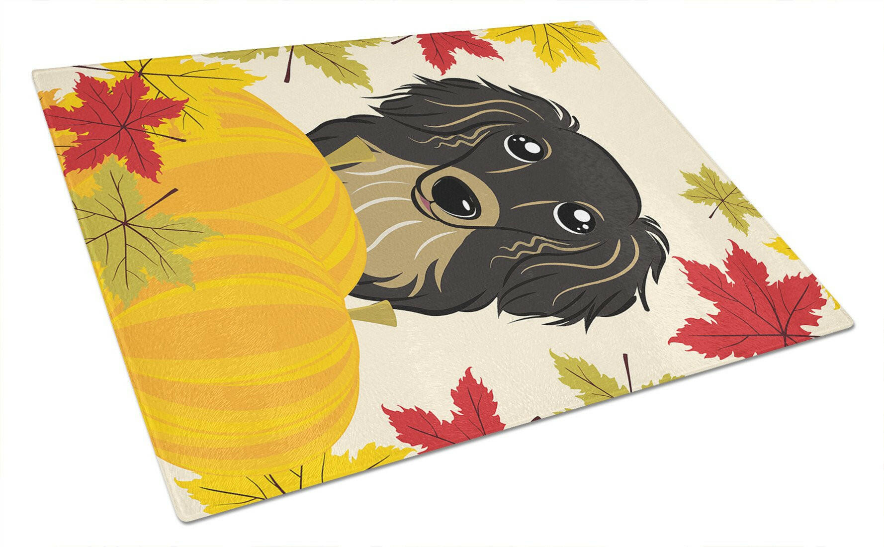 Longhair Black and Tan Dachshund Thanksgiving Cutting Board Tempered Glass Kitchen Cutting Surface, Heat Resistant Chopping, Non-Slip Feet, Food Prep & Serving