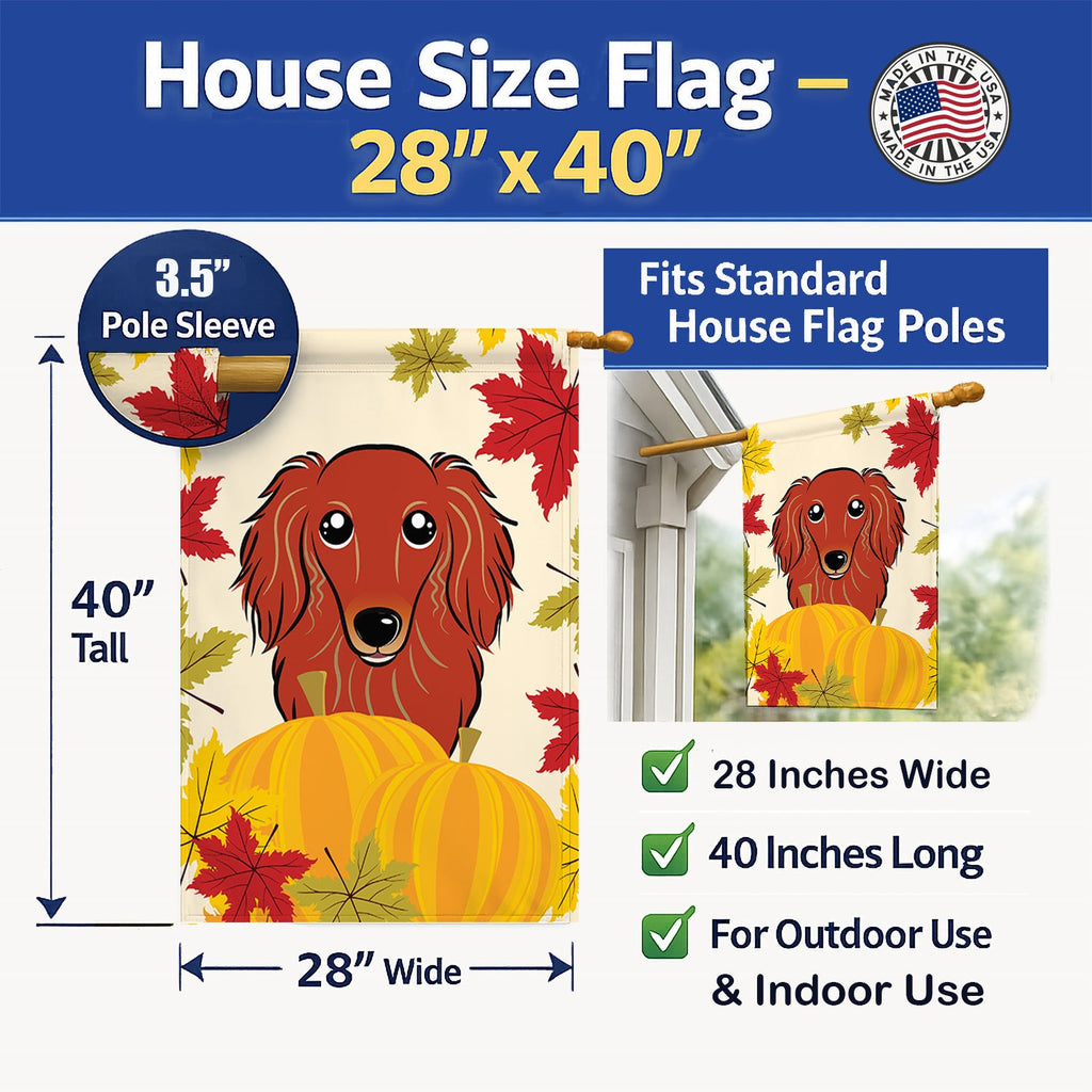 Longhair Red Dachshund Thanksgiving House Flag 28x40 Porch Sleeve Pole Decorative Outside Yard Banner Artwork Wall Hanging, Polyester