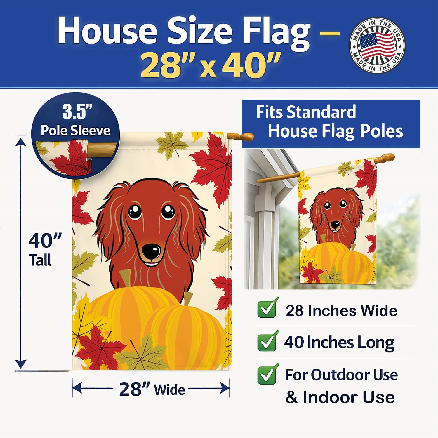 Longhair Red Dachshund Thanksgiving House Flag 28x40 Porch Sleeve Pole Decorative Outside Yard Banner Artwork Wall Hanging, Polyester