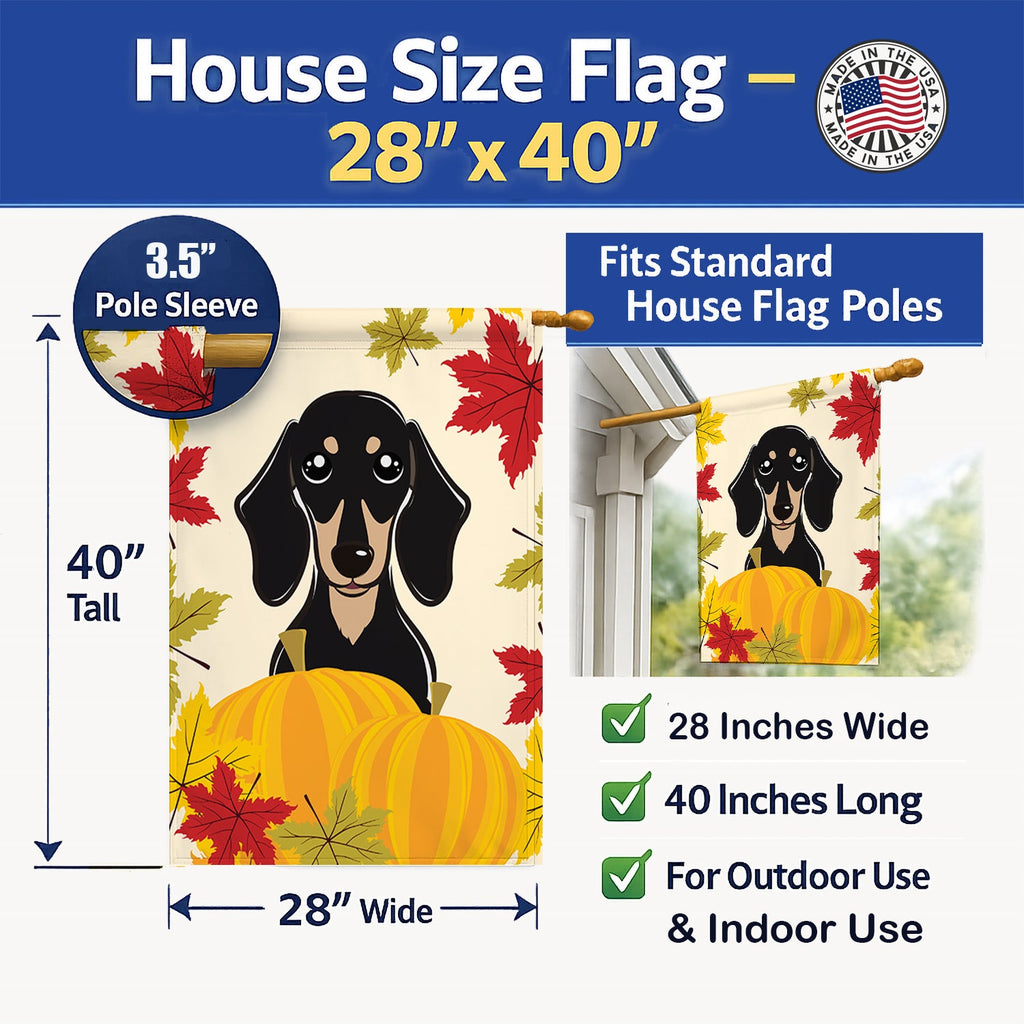 Smooth Black and Tan Dachshund Thanksgiving House Flag 28x40 Porch Sleeve Pole Decorative Outside Yard Banner Artwork Wall Hanging, Polyester