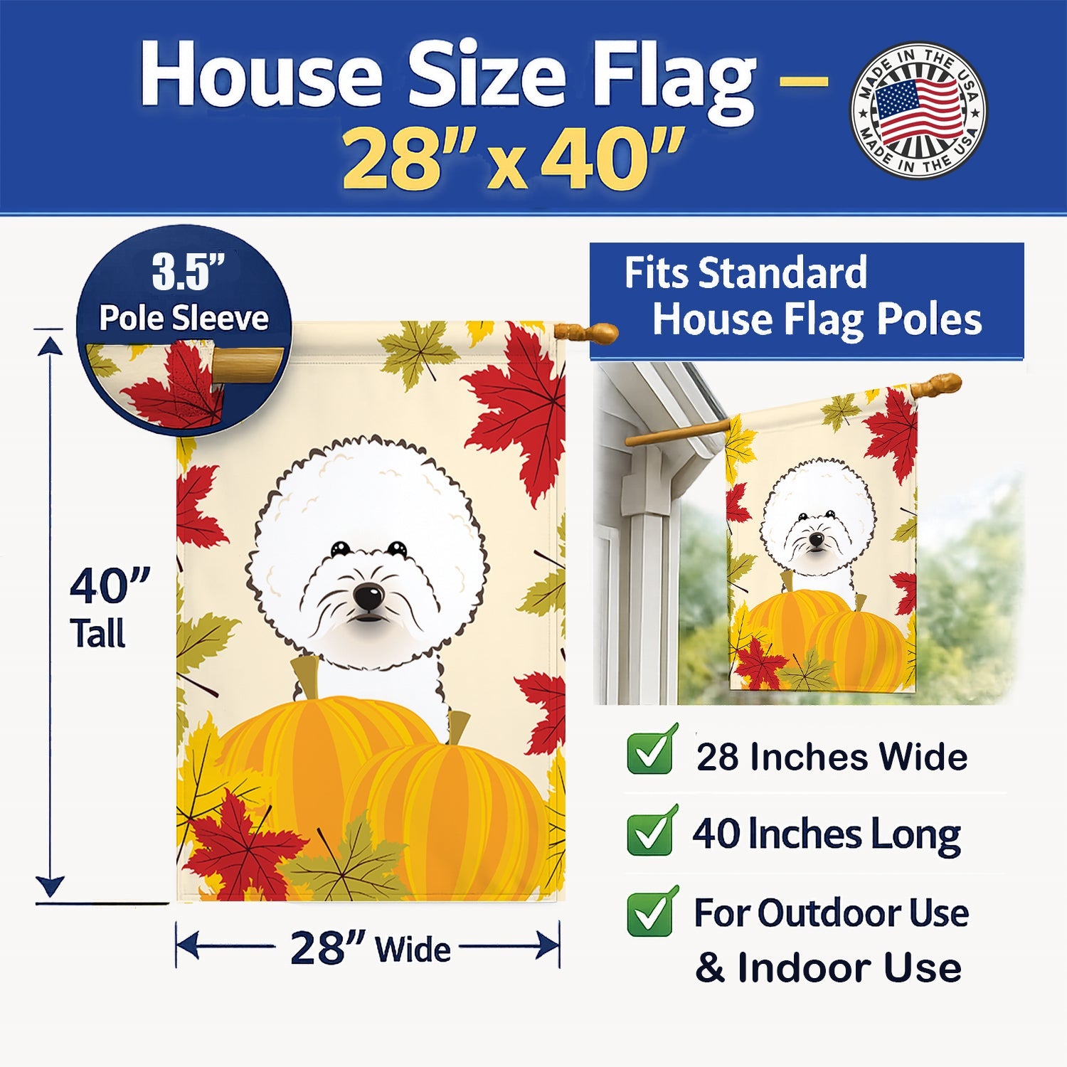 Bichon Frise Thanksgiving House Flag 28x40 Porch Sleeve Pole Decorative Outside Yard Banner Artwork Wall Hanging, Polyester