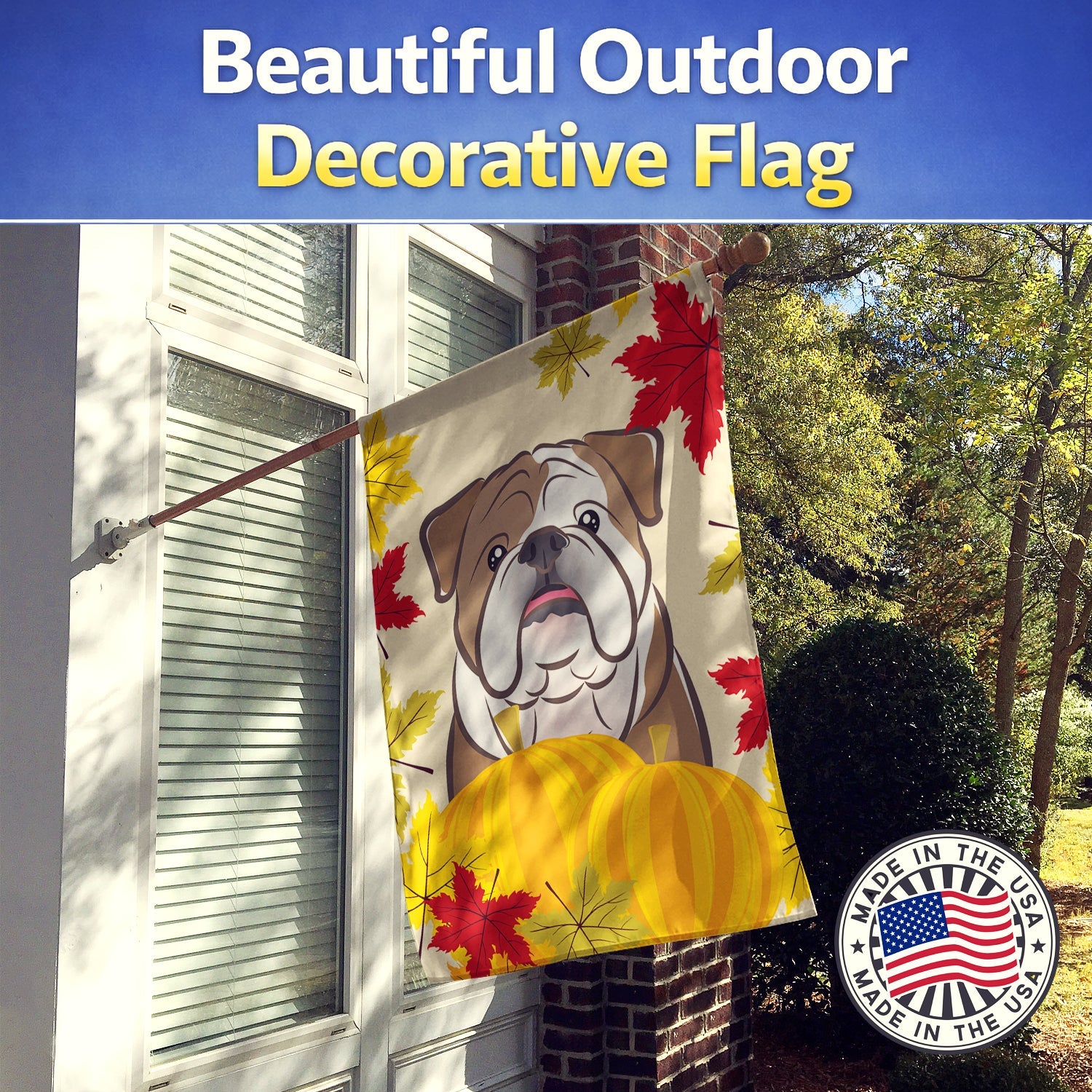 English Bulldog Thanksgiving House Flag 28x40 Porch Sleeve Pole Decorative Outside Yard Banner Artwork Wall Hanging, Polyester