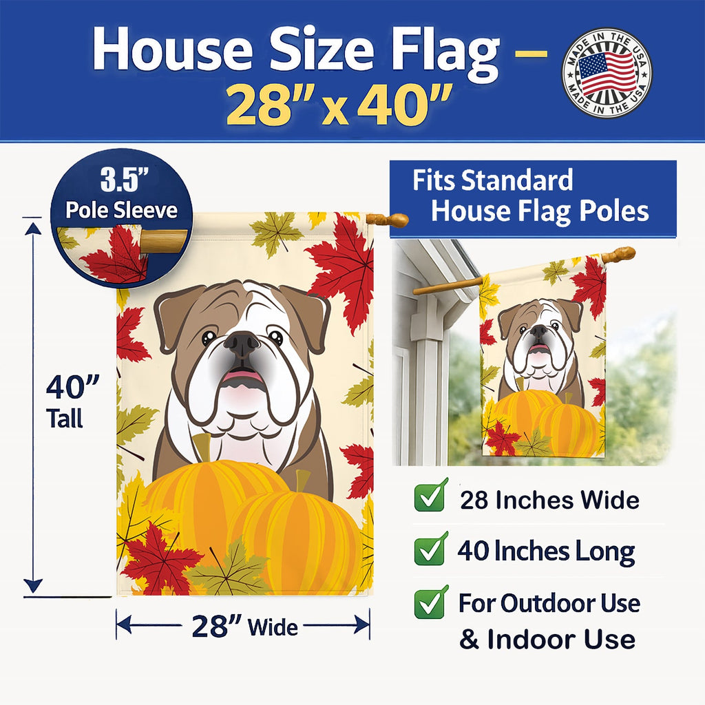 English Bulldog Thanksgiving House Flag 28x40 Porch Sleeve Pole Decorative Outside Yard Banner Artwork Wall Hanging, Polyester