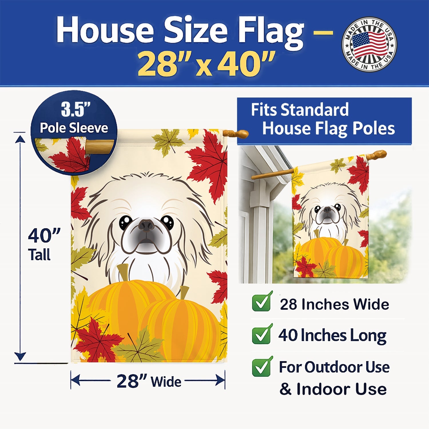 Pekingese Thanksgiving House Flag 28x40 Porch Sleeve Pole Decorative Outside Yard Banner Artwork Wall Hanging, Polyester