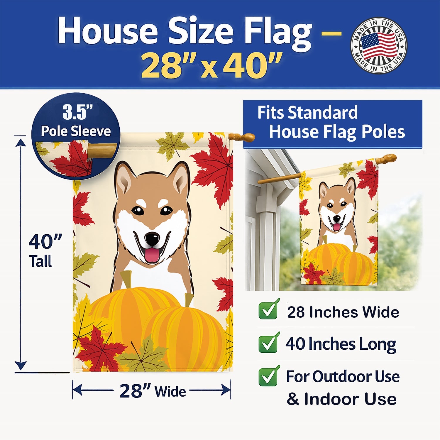 Shiba Inu Thanksgiving House Flag 28x40 Porch Sleeve Pole Decorative Outside Yard Banner Artwork Wall Hanging, Polyester