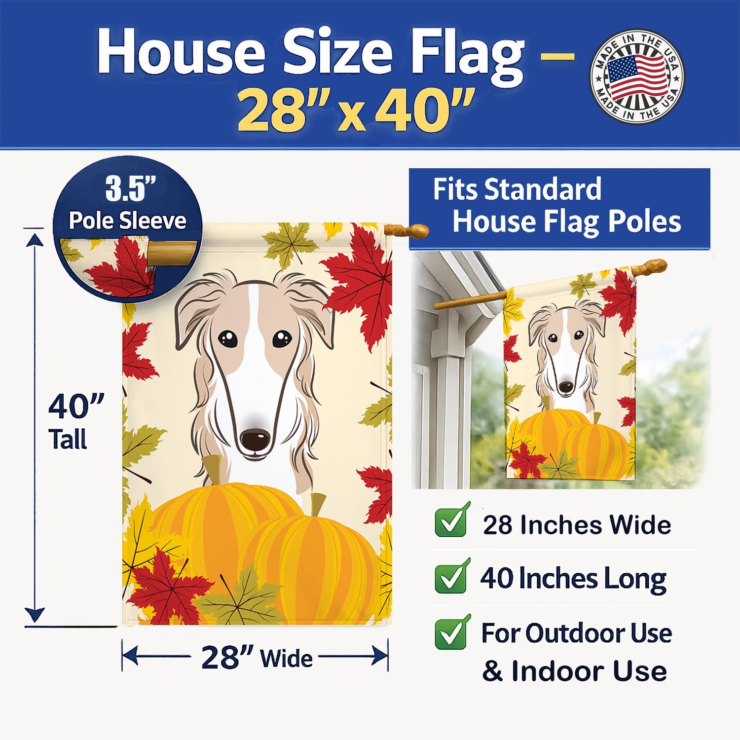 Borzoi Thanksgiving House Flag 28x40 Porch Sleeve Pole Decorative Outside Yard Banner Artwork Wall Hanging, Polyester