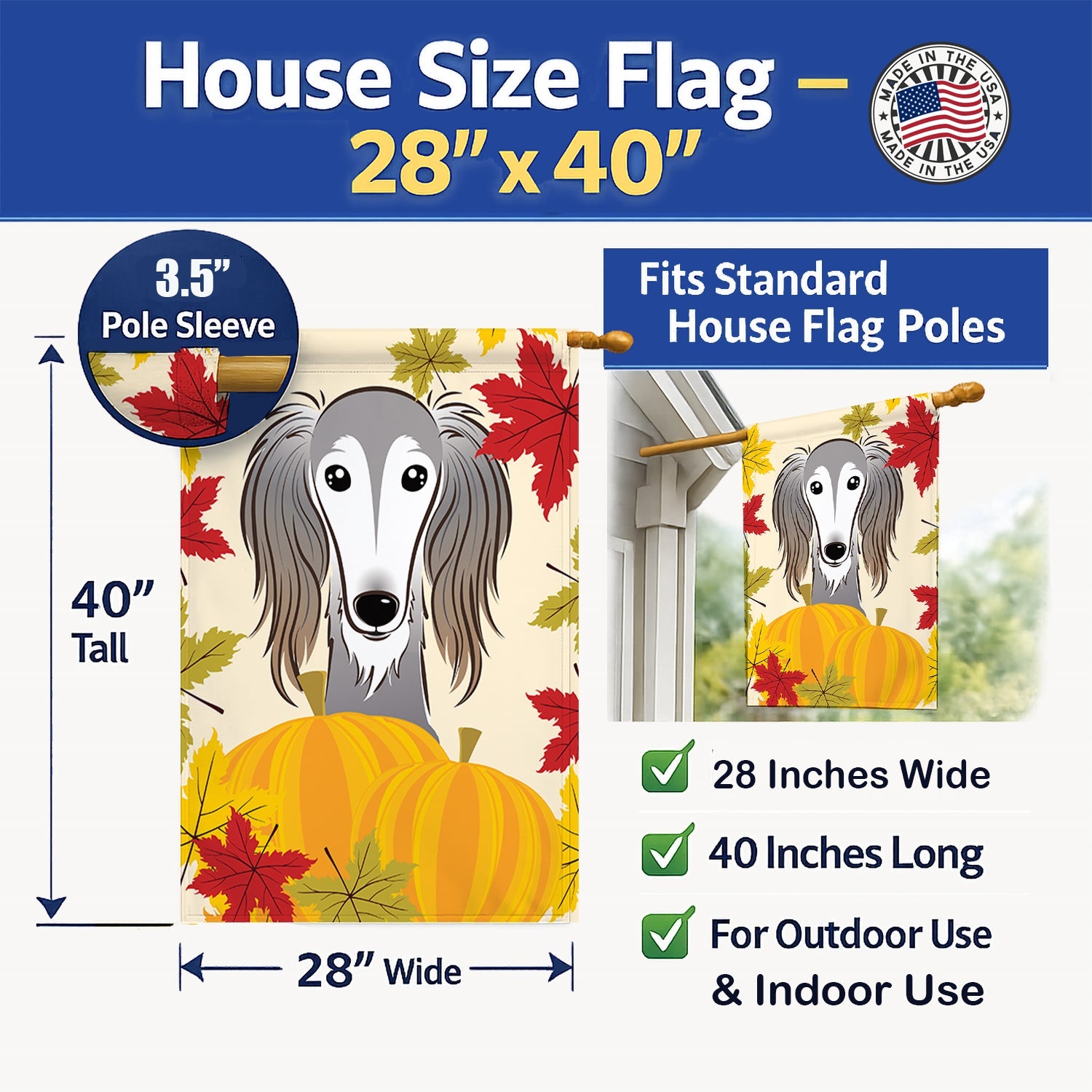 Saluki Thanksgiving House Flag 28x40 Porch Sleeve Pole Decorative Outside Yard Banner Artwork Wall Hanging, Polyester