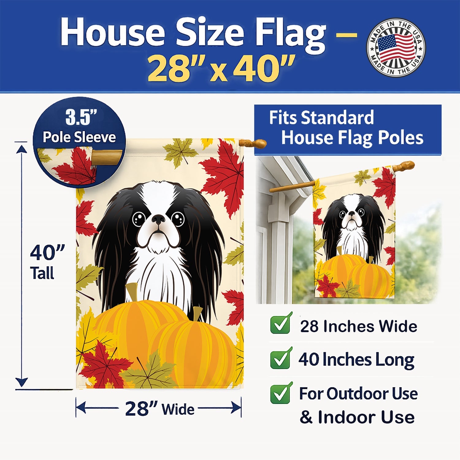 Japanese Chin Thanksgiving House Flag 28x40 Porch Sleeve Pole Decorative Outside Yard Banner Artwork Wall Hanging, Polyester