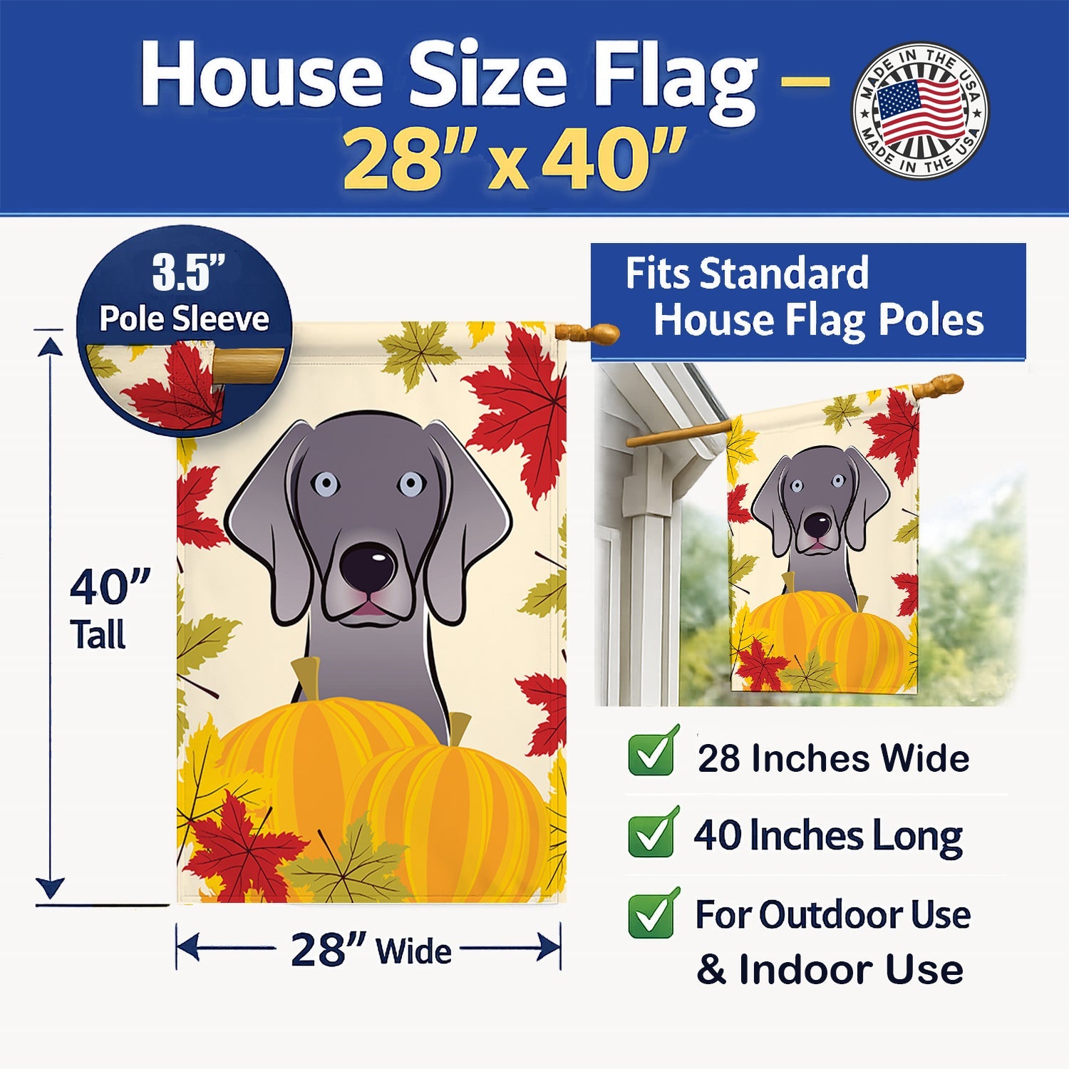 Weimaraner Thanksgiving House Flag 28x40 Porch Sleeve Pole Decorative Outside Yard Banner Artwork Wall Hanging, Polyester