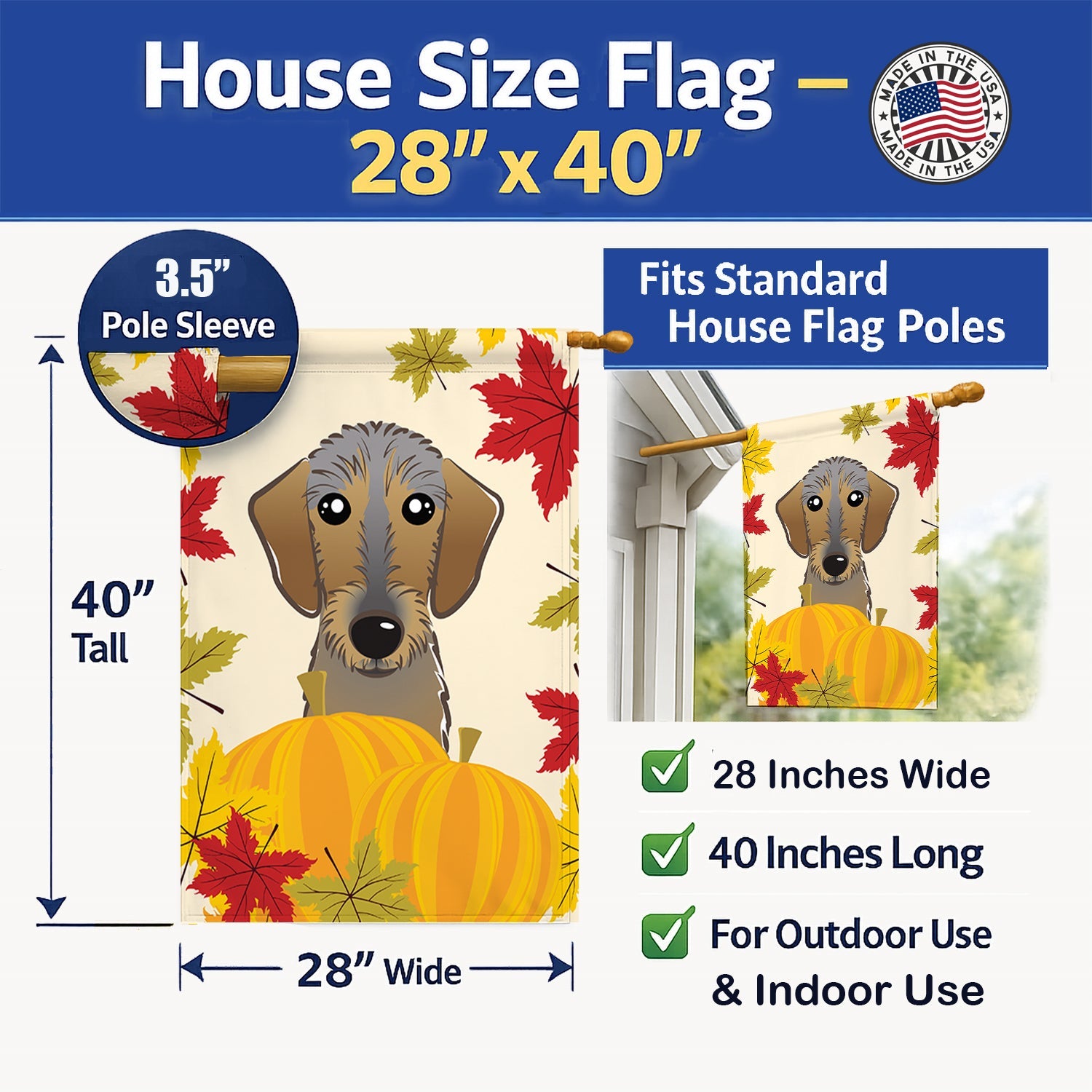Wirehaired Dachshund Thanksgiving House Flag 28x40 Porch Sleeve Pole Decorative Outside Yard Banner Artwork Wall Hanging, Polyester