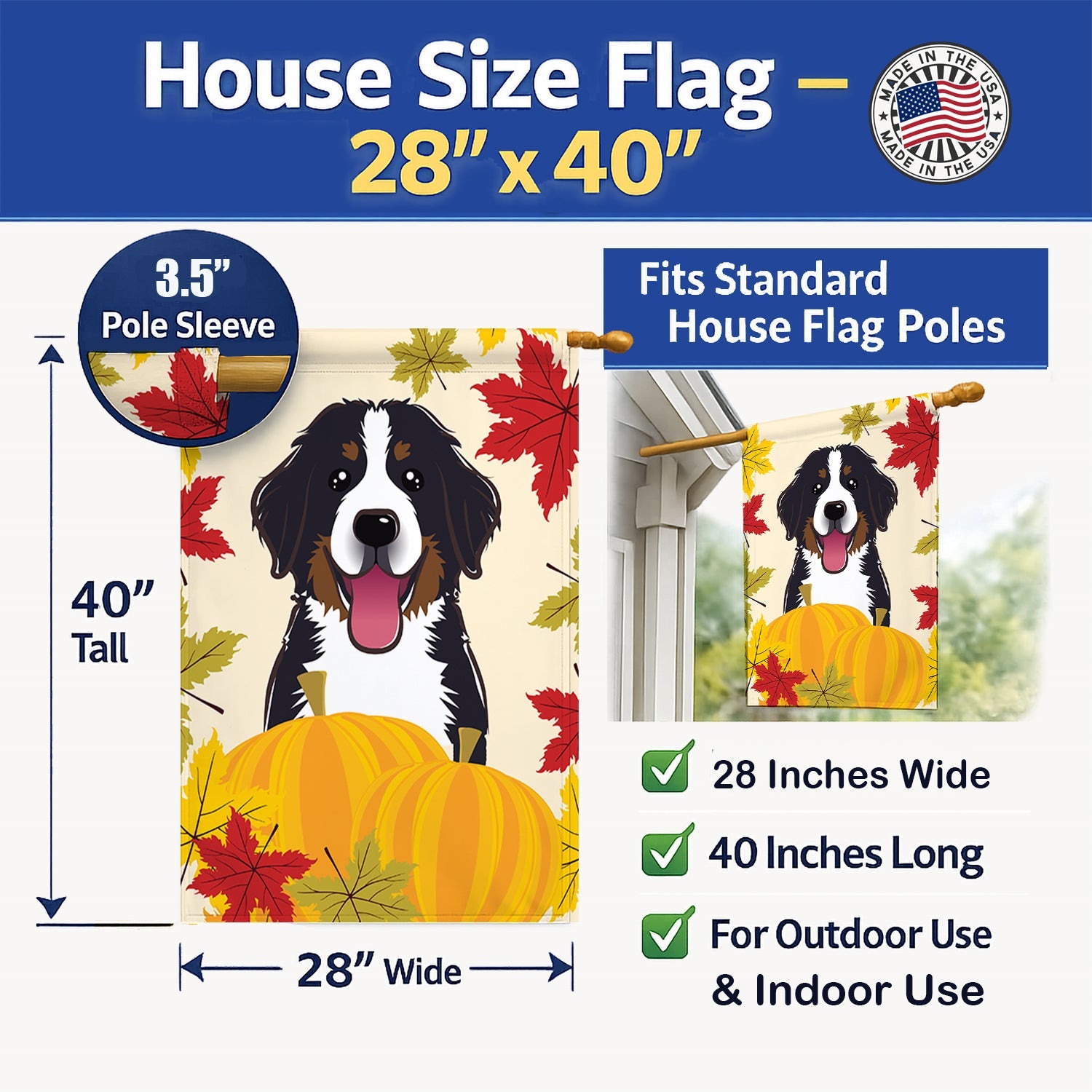 Bernese Mountain Dog Thanksgiving House Flag 28x40 Porch Sleeve Pole Decorative Outside Yard Banner Artwork Wall Hanging, Polyester