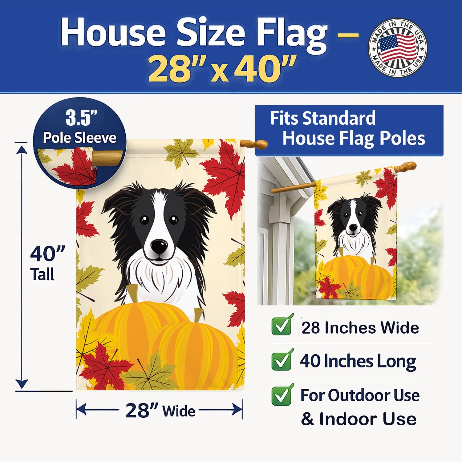 Border Collie Thanksgiving House Flag 28x40 Porch Sleeve Pole Decorative Outside Yard Banner Artwork Wall Hanging, Polyester