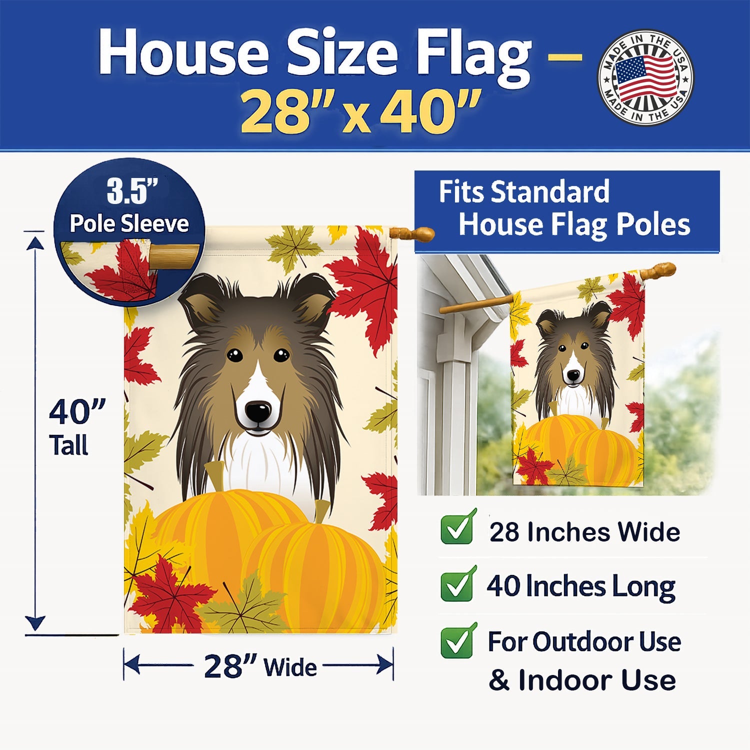 Sheltie Thanksgiving House Flag 28x40 Porch Sleeve Pole Decorative Outside Yard Banner Artwork Wall Hanging, Polyester