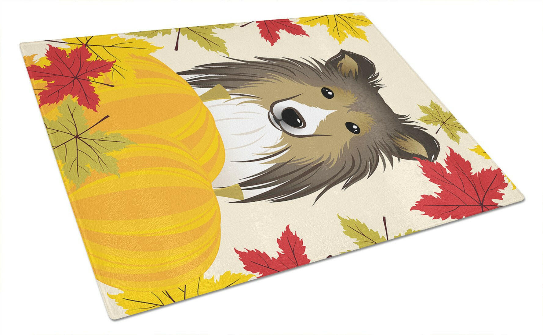 Sheltie Thanksgiving Cutting Board Tempered Glass Kitchen Cutting Surface, Heat Resistant Chopping, Non-Slip Feet, Food Prep & Serving