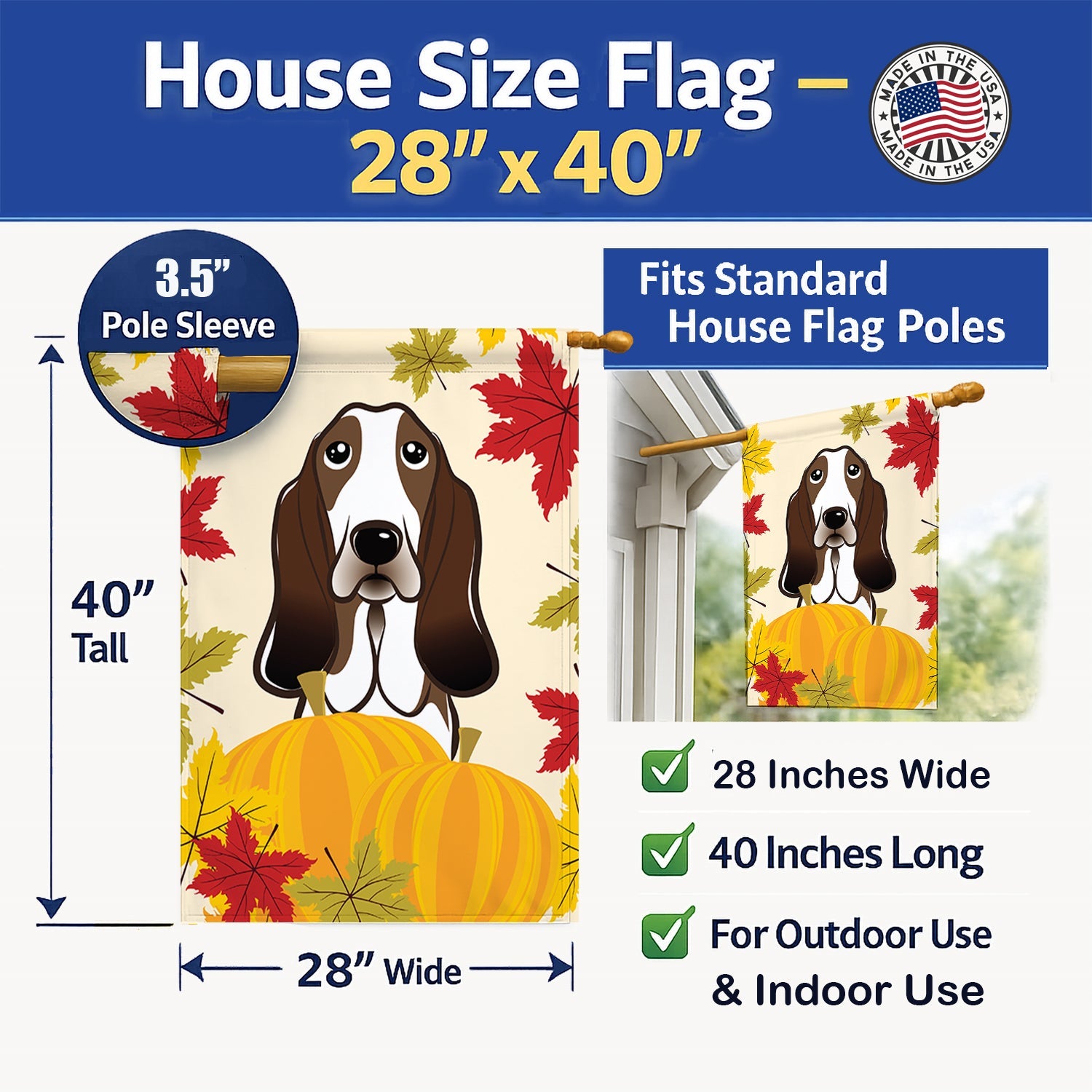 Basset Hound Thanksgiving House Flag 28x40 Porch Sleeve Pole Decorative Outside Yard Banner Artwork Wall Hanging, Polyester